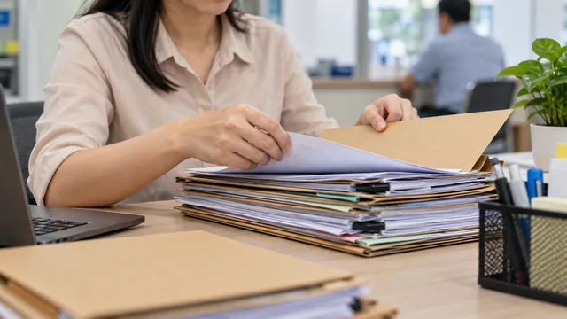 Ảnh minh họa AI: lưu trữ hồ sơ, góc chi tiết công cụ