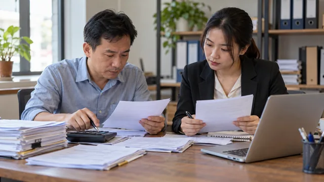 Ảnh minh họa AI: chủ cơ sở kinh doanh và kế toán đối chiếu chứng từ