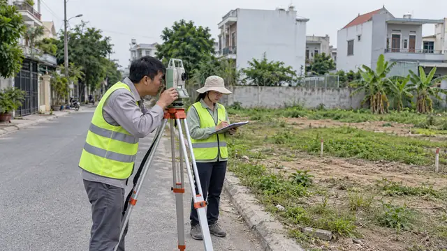 Ảnh minh họa AI: nhóm kỹ thuật đo đạc tại khu dân cư